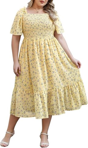 Keluummi Plus Size Wedding Guest Midi Dresses for Curvy Women, Summer Casual Boho Floral Smocked Empire Waist A Line Sundress in Kuwait