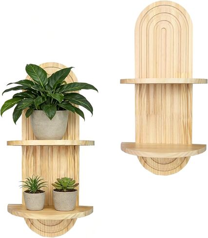 أرفف حائط بوهو بتصميم خشبي مقوس، مجموعة أرفف حائط نباتية للديكور الحديث في منتصف القرن مكونة من 2، أرفف عائمة مزدوجة لغرفة المعيشة المنزلية وغرفة النوم والحمام، 23.6 × 11.8 بوصة (طبيعي) in Kuwait