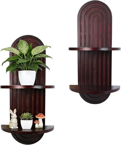 Boho Wall Shelves with Arched Wooden Design, Mid Century Modern Decor Plant Wall Shelf Set of 2, Double Floating Shelves for Home Living Room Bathroom Bedroom, 23.6 x 11.8 Inches (Natural) in Kuwait