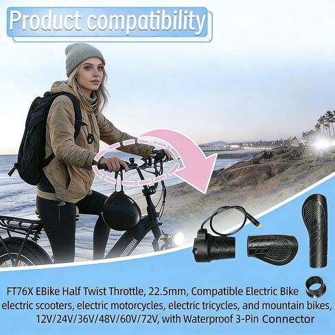 FT76X EBike نصف تويست خنق، 22.2 مم قبضة لEbike 12V-72V، قابس مقاوم للماء عالمي 3 دبوس، للدراجات الجبلية، سكوتر، سكوتر إلكتروني، دراجة كهربائية in Kuwait