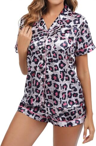 طقم بيجامة حرير للنساء كم قصير 2 قطعة طقم Pj بيجامة من الساتان زر للأسفل ملابس نوم صيفية خفيفة الوزن in Kuwait