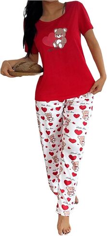 Women's 2 Piece Cute Cartoon Print Pajama Set Short Sleeve T Shirt and Pants Casual Lounge Sets in Saudi Arabia