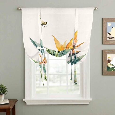 Green Palm Leaf Tie Up Curtains for Window, Summer Bee Tropical Plant Pastoral Thermal Insulated Balloon Shade Adjustable Rod Pocket Curtains Valance Panels for Kitchen Bathroom Café 46'' x 63'' in Saudi Arabia