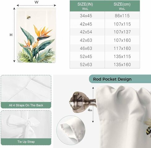 Green Palm Leaf Tie Up Curtains for Window, Summer Bee Tropical Plant Pastoral Thermal Insulated Balloon Shade Adjustable Rod Pocket Curtains Valance Panels for Kitchen Bathroom Café 46'' x 63'' in Saudi Arabia
