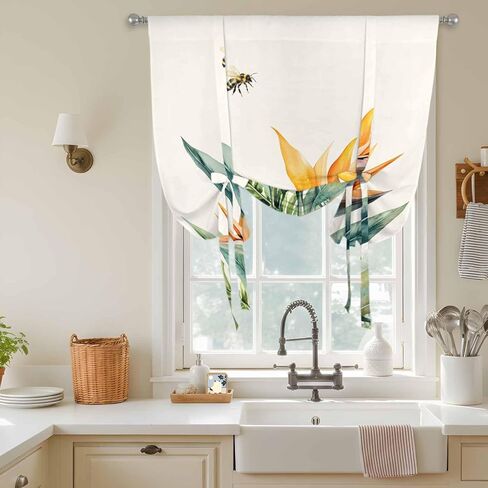 Green Palm Leaf Tie Up Curtains for Window, Summer Bee Tropical Plant Pastoral Thermal Insulated Balloon Shade Adjustable Rod Pocket Curtains Valance Panels for Kitchen Bathroom Café 46'' x 63'' in Saudi Arabia