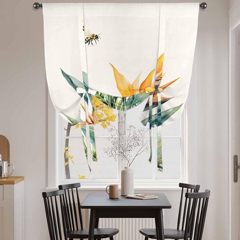 Green Palm Leaf Tie Up Curtains for Window, Summer Bee Tropical Plant Pastoral Thermal Insulated Balloon Shade Adjustable Rod Pocket Curtains Valance Panels for Kitchen Bathroom Café 46'' x 63'' in Saudi Arabia