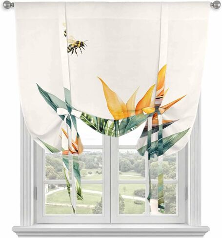 Green Palm Leaf Tie Up Curtains for Window, Summer Bee Tropical Plant Pastoral Thermal Insulated Balloon Shade Adjustable Rod Pocket Curtains Valance Panels for Kitchen Bathroom Café 46'' x 63'' in Saudi Arabia