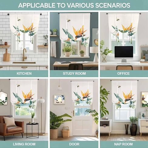 Green Palm Leaf Tie Up Curtains for Window, Summer Bee Tropical Plant Pastoral Thermal Insulated Balloon Shade Adjustable Rod Pocket Curtains Valance Panels for Kitchen Bathroom Café 46'' x 63'' in Saudi Arabia