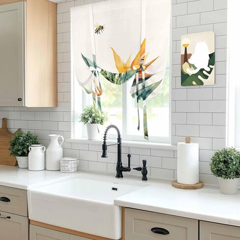 Green Palm Leaf Tie Up Curtains for Window, Summer Bee Tropical Plant Pastoral Thermal Insulated Balloon Shade Adjustable Rod Pocket Curtains Valance Panels for Kitchen Bathroom Café 46'' x 63'' in Saudi Arabia