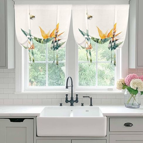 Green Palm Leaf Tie Up Curtains for Window, Summer Bee Tropical Plant Pastoral Thermal Insulated Balloon Shade Adjustable Rod Pocket Curtains Valance Panels for Kitchen Bathroom Café 46'' x 63'' in Saudi Arabia