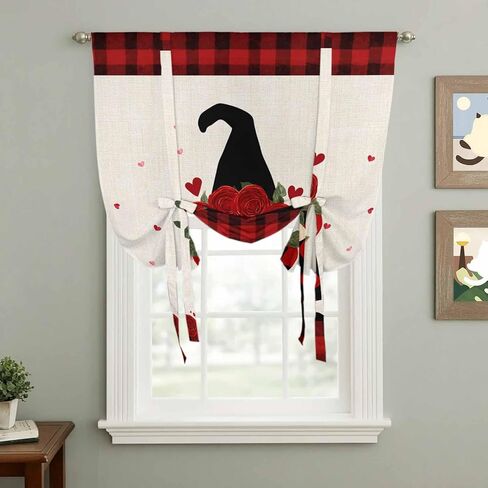 Red Valentine's Day Tie Up Curtains for Window, Roses Gnomes Love Heart Plaid Rustic Thermal Insulated Balloon Shade Adjustable Rod Pocket Curtains Valance Panels for Kitchen Bathroom Café 42'' x 54'' in Saudi Arabia