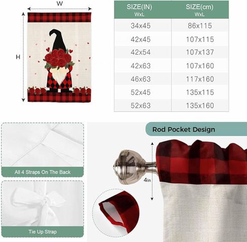 Red Valentine's Day Tie Up Curtains for Window, Roses Gnomes Love Heart Plaid Rustic Thermal Insulated Balloon Shade Adjustable Rod Pocket Curtains Valance Panels for Kitchen Bathroom Café 42'' x 54'' in Saudi Arabia