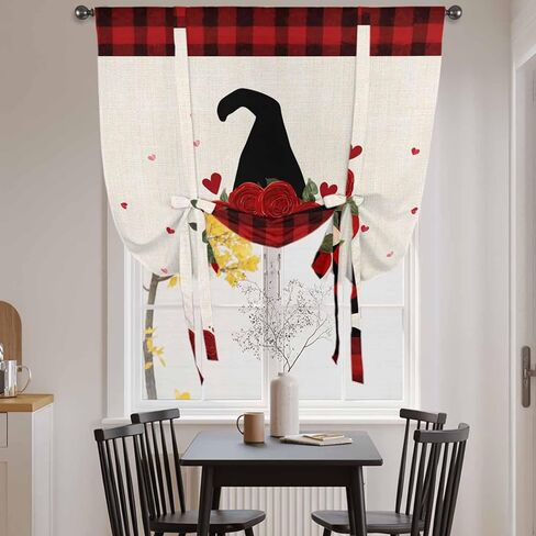 Red Valentine's Day Tie Up Curtains for Window, Roses Gnomes Love Heart Plaid Rustic Thermal Insulated Balloon Shade Adjustable Rod Pocket Curtains Valance Panels for Kitchen Bathroom Café 42'' x 54'' in Saudi Arabia