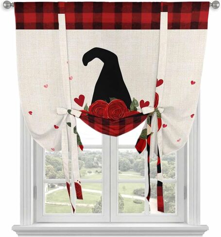 Red Valentine's Day Tie Up Curtains for Window, Roses Gnomes Love Heart Plaid Rustic Thermal Insulated Balloon Shade Adjustable Rod Pocket Curtains Valance Panels for Kitchen Bathroom Café 42'' x 54'' in Saudi Arabia