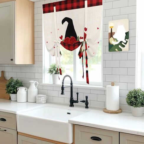Red Valentine's Day Tie Up Curtains for Window, Roses Gnomes Love Heart Plaid Rustic Thermal Insulated Balloon Shade Adjustable Rod Pocket Curtains Valance Panels for Kitchen Bathroom Café 42'' x 54'' in Saudi Arabia