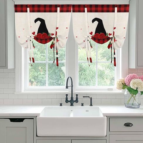Red Valentine's Day Tie Up Curtains for Window, Roses Gnomes Love Heart Plaid Rustic Thermal Insulated Balloon Shade Adjustable Rod Pocket Curtains Valance Panels for Kitchen Bathroom Café 42'' x 54'' in Saudi Arabia
