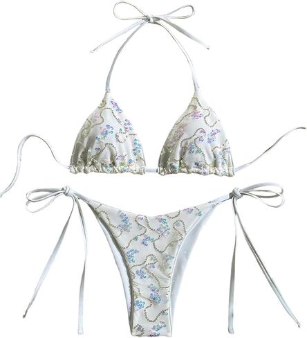 MakeMeChic Women's Sequin Bikini Sets Sparkly Triangle Halter Tie Side 2 Piece Summer Swimsuits in Saudi Arabia