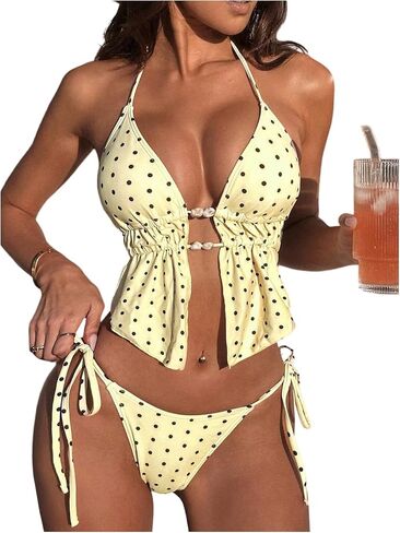 المرأة 2 قطعة بيكيني مجموعة منقطة الرسن ثونغ ملابس السباحة تكدرت صفيق ثوب السباحة in Kuwait