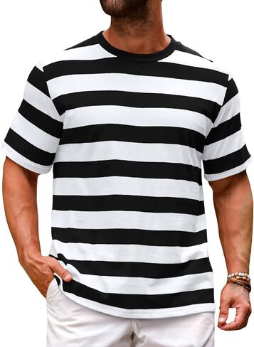 Mens Short Sleeve T-Shirts Striped Casual Crewneck Basic Shirt Color Block Stretch Summer Beach Tees in Saudi Arabia