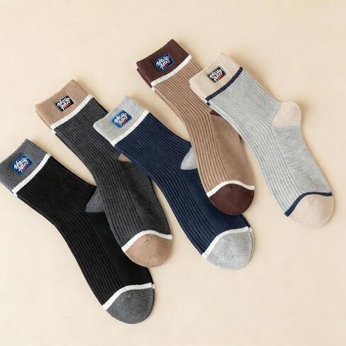 5-Pair Men's Color Block Crew Socks, Casual Sport Socks with Contrast Detail for Daily Wear, Work and Leisure, Soft and Breathable, Neutral Colors in Saudi Arabia
