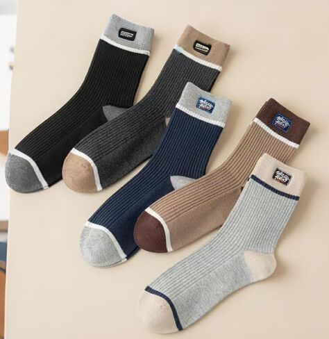 5-Pair Men's Color Block Crew Socks, Casual Sport Socks with Contrast Detail for Daily Wear, Work and Leisure, Soft and Breathable, Neutral Colors in Saudi Arabia
