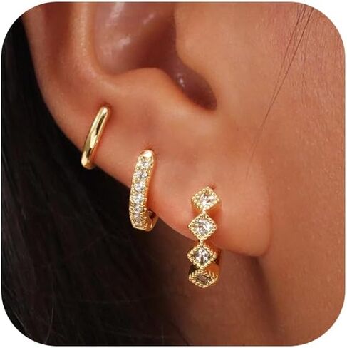 Gold Hoop Earrings Set for Women Trendy, 14K Real Gold Plated Chunky Hypoallergenic Small Diamond Cartilage Hoops Cute Cubic Zirconia Dangle Stud Earrings Jewelry Gifts in Kuwait