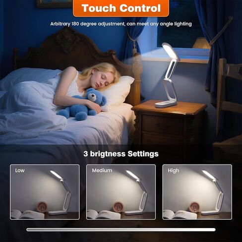 مصباح مكتب LED قابل للطي، ضوء محمول يعمل ببطارية قابلة لإعادة الشحن مع 3 مستويات سطوع، مصباح صغير قابل للتعديل 180 درجة للعناية بالعين للمكتب المنزلي والقراءة والسفر (أبيض) in Kuwait