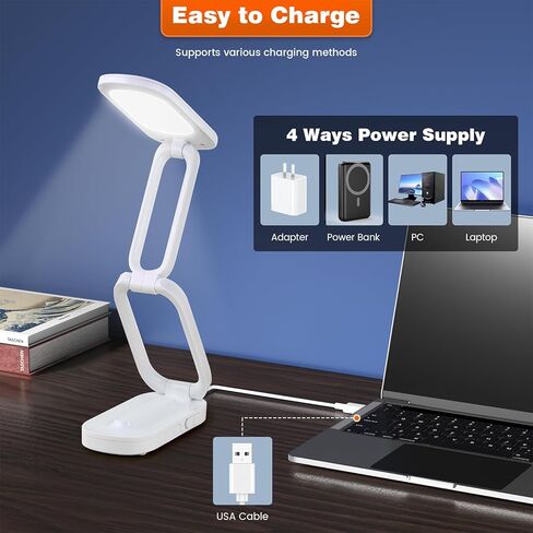 مصباح مكتب LED قابل للطي، ضوء محمول يعمل ببطارية قابلة لإعادة الشحن مع 3 مستويات سطوع، مصباح صغير قابل للتعديل 180 درجة للعناية بالعين للمكتب المنزلي والقراءة والسفر (أبيض) in Kuwait