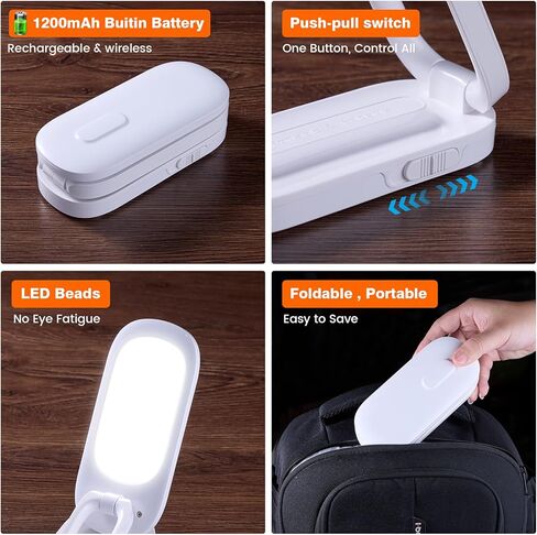 مصباح مكتب LED قابل للطي، ضوء محمول يعمل ببطارية قابلة لإعادة الشحن مع 3 مستويات سطوع، مصباح صغير قابل للتعديل 180 درجة للعناية بالعين للمكتب المنزلي والقراءة والسفر (أبيض) in Kuwait