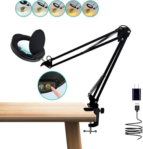 15X LED Magnifying Light, 5 Color Modes Dimmable LED Desk Lamp with Clamp, Long Arm Hands Free Desk Magnifier Light with Dust Cover for Crafts Hobby Painting Sewing Close Work in Saudi Arabia