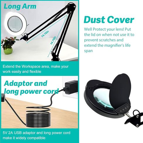 15X LED Magnifying Light, 5 Color Modes Dimmable LED Desk Lamp with Clamp, Long Arm Hands Free Desk Magnifier Light with Dust Cover for Crafts Hobby Painting Sewing Close Work in Saudi Arabia