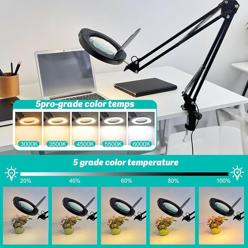 15X LED Magnifying Light, 5 Color Modes Dimmable LED Desk Lamp with Clamp, Long Arm Hands Free Desk Magnifier Light with Dust Cover for Crafts Hobby Painting Sewing Close Work in Saudi Arabia