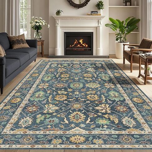 Washable Oushak Area Rug 8x10: Large Modern Turkish Oriental Floral Luxury Carpet for Bedroom Nursery Living Room Dining Home Decor Navy Blue in Saudi Arabia