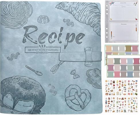 Suaetiai Recipe Card Binder, Blank Recipe Card Book, Recipe Binder with Plastic Sleeves, Leather Recipe Book to Write in Your Own Recipes (4" x 6" Recipe Cards & Category Tab) (Blue) in Kuwait