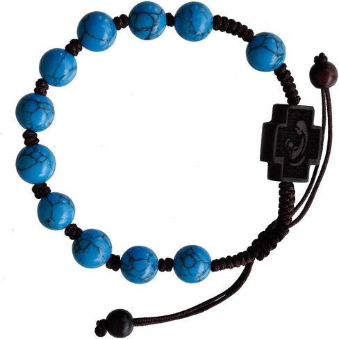 Sine Cera Turquoise/Jujube Wood 1 Decade Catholic Rosary Bracelet, Double-sided Laser Engraved Centerpiece, Adjustable Corded Design, Smooth 8mm Beads in Saudi Arabia