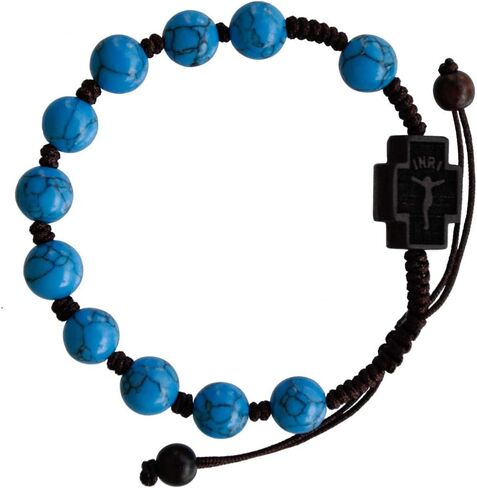 Sine Cera Turquoise/Jujube Wood 1 Decade Catholic Rosary Bracelet, Double-sided Laser Engraved Centerpiece, Adjustable Corded Design, Smooth 8mm Beads in Saudi Arabia