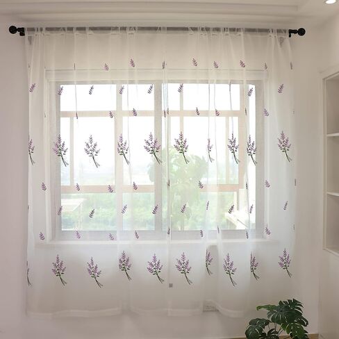 SLOW SOUL مجموعة من لوحتين ستائر شفافة على شكل زهرة أرجوانية لافندر من الكتان الصناعي ستائر نافذة شبه شفافة لغرفة النوم وغرفة المعيشة ستائر جيب قضيب 56 عرض × 84 طول بوصة in Kuwait