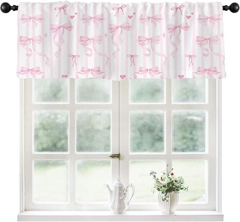 Coxila Pink Bow Kitchen Valance Curtain for Window 52 x 18 Inch Rod Pocket Kids Cute Girls Girly White Princess Pastel Coquette Preppy Small Short Bedroom Living Room Bathroom Home Decor 1 Panel Drape in Saudi Arabia