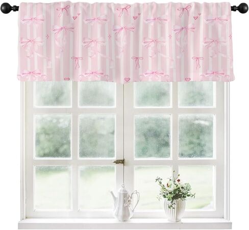 Coxila Pink Bow Kitchen Valance Curtain for Window 52 x 18 Inch Rod Pocket Kids Cute Girls Girly White Princess Pastel Coquette Preppy Small Short Bedroom Living Room Bathroom Home Decor 1 Panel Drape in Saudi Arabia