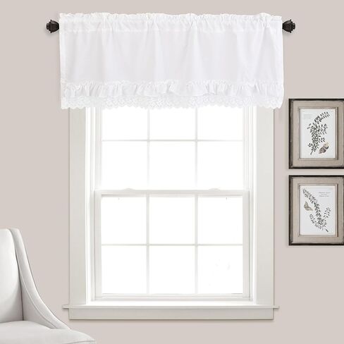 White Lace Ruffle Window Curtain Valances Set of 2, Handmade Ruched Kitchen Valance with Lace Trim, Farmhouse Country Decorative Window Treatment for Bedroom Living Room Bathroom, 52 x 18 Inch in Saudi Arabia