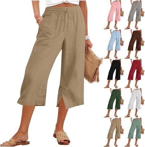 Womens Linen Wide Leg Capris Pants High Waisted Side Split Cropped Trousers Casual Summer Beach Pants with Pockets in Kuwait