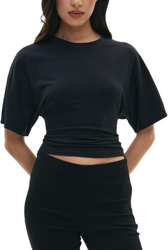 Cinched Waist Crop Tops for Women Dolman Sleeve Cinch Waist Batwing Top Cropped Tee Loose Bubble Shirt Going Out in Kuwait