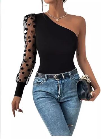 Women's Solid Color Mesh Panel Off Shoulder Long Sleeve Top - Sexy Asymmetrical T-Shirt Blouse in Saudi Arabia