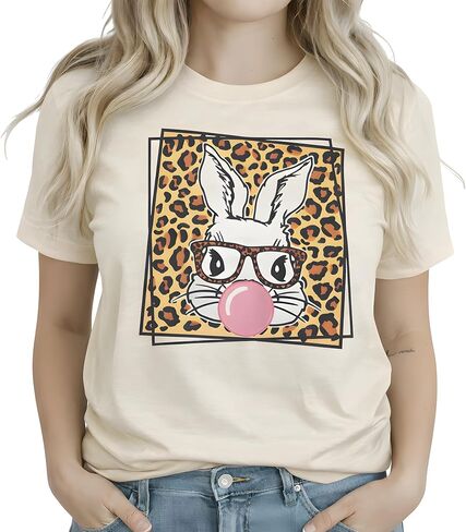 Cute Easter Bunny T-Shirt for Women - Funny Leopard Glasses Rabbit Graphic Tee, Sassy Bubblegum Spring Holiday Top in Saudi Arabia