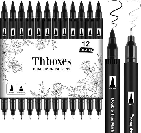 12 Pack Felt Tip Pens, Dual Tip Black Markers Washable Colouring Pens Water-Based Markers for Adults Art Drawing Sketching Journaling Calligraphy in Saudi Arabia