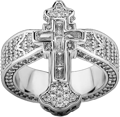Fully Iced Baguette Cut Cross Ring, 18K Gold CZ Hip Hop Redemption Wide Rings, Christian Band for Women, Rectangular Cross Pinky Ring in Saudi Arabia
