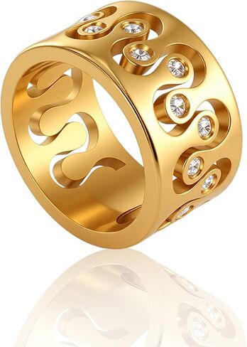 JINHUI 18K Gold Plated Ring for Women Cubic Zirconia Ring Wide Band Gold Ring with Crystal Accents, Decorative Swirl Design in Kuwait