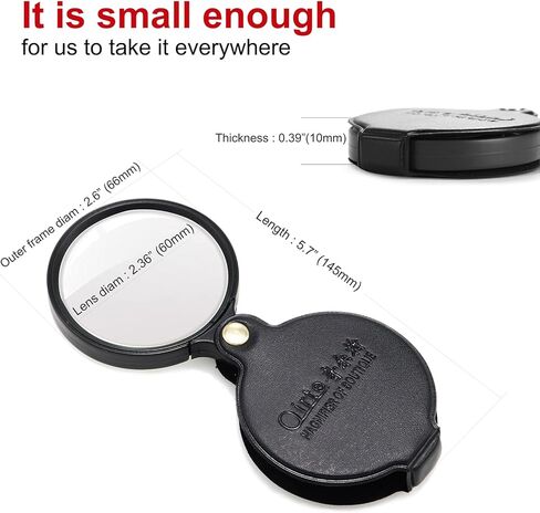 10x Small Pocket Magnifier Glass, Qirte Mini Folding Magnifying Lenses with Rotating Protective Leather Sheath for Seniors Reading, Inspection, Kids for Exploration, Elder Gift, 2 3/8'' Lens Size in Saudi Arabia