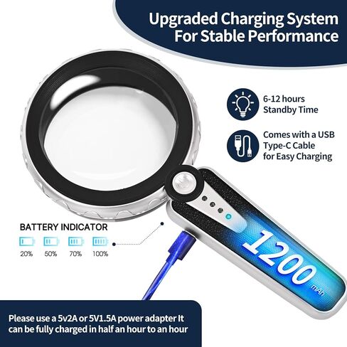 عدسة مكبرة 45X مع ضوء، عدسة مكبرة كبيرة محمولة قابلة لإعادة الشحن USB 4.6 بوصة بقدرة 1200 مللي أمبير في الساعة، 6 أوضاع ألوان، مثالية لكبار السن ضعاف الرؤية، والضمور البقعي والطباعة الدقيقة (أسود) in Kuwait