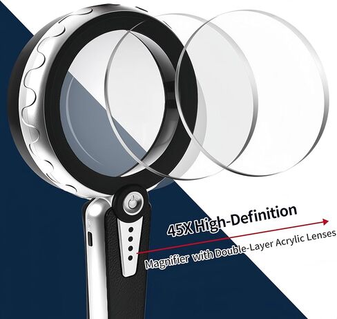 عدسة مكبرة 45X مع ضوء، عدسة مكبرة كبيرة محمولة قابلة لإعادة الشحن USB 4.6 بوصة بقدرة 1200 مللي أمبير في الساعة، 6 أوضاع ألوان، مثالية لكبار السن ضعاف الرؤية، والضمور البقعي والطباعة الدقيقة (أسود) in Kuwait